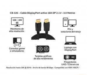 Cable DisplayPort activo 16K DP 2.1V - 3.0 Metros 