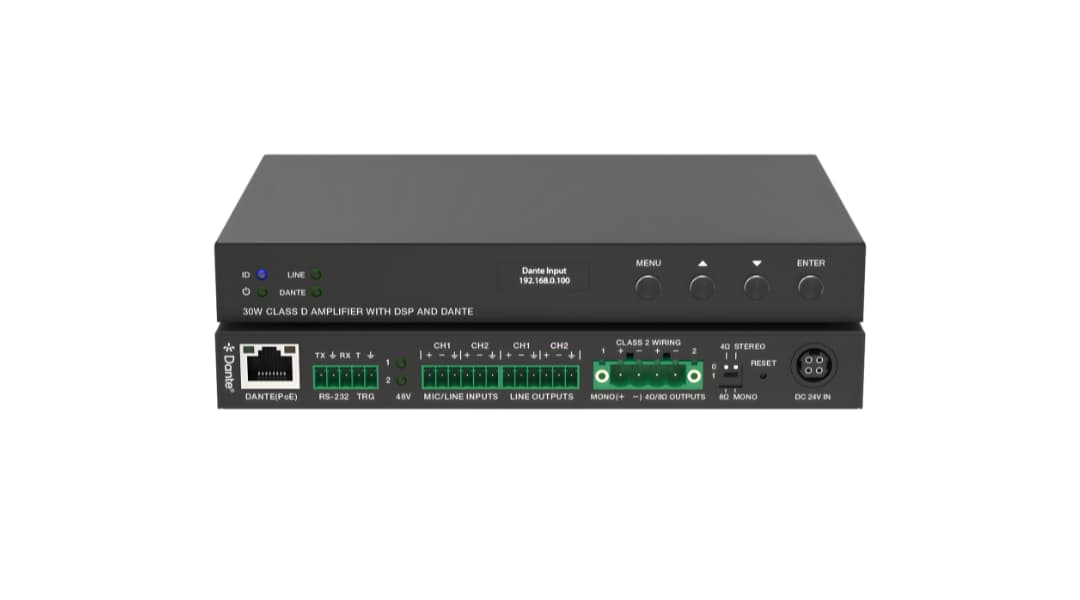 Amplificador De Audio 2x15W Clase D Con Dante® y Entradas Line/Mic (4/8ohm)