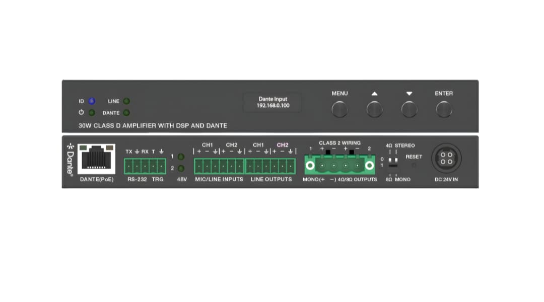 Amplificador De Audio 2x15W Clase D Con Dante® y Entradas Line/Mic (4/8ohm)