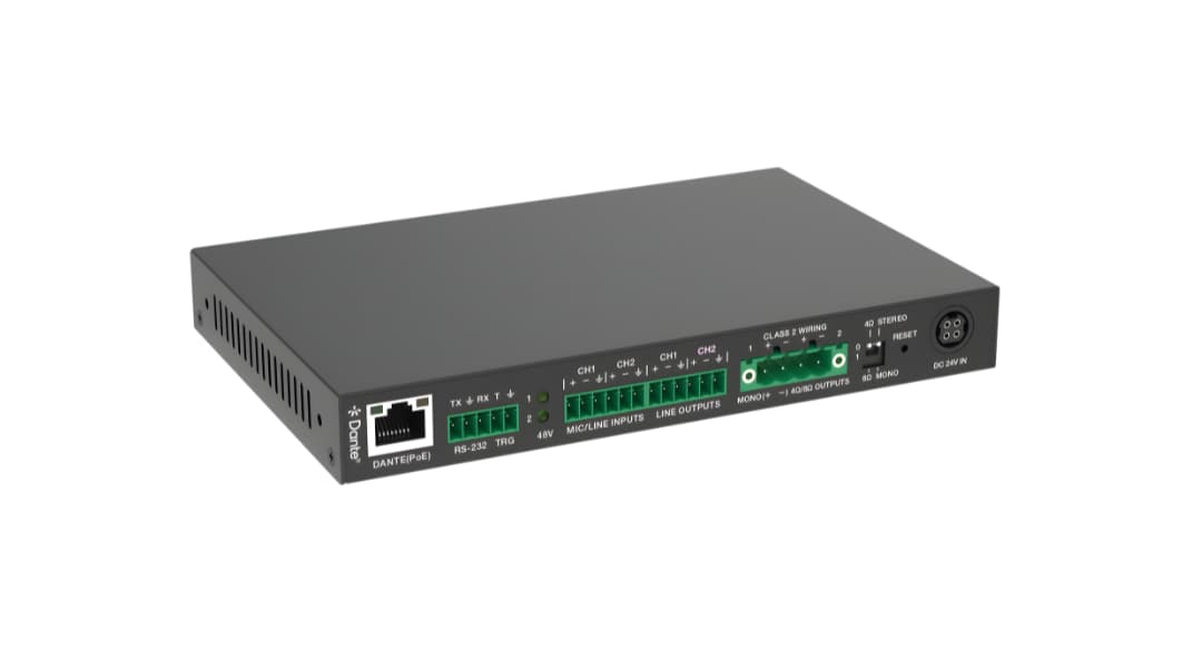 Amplificador De Audio 2x15W Clase D Con Dante® y Entradas Line/Mic (4/8ohm)