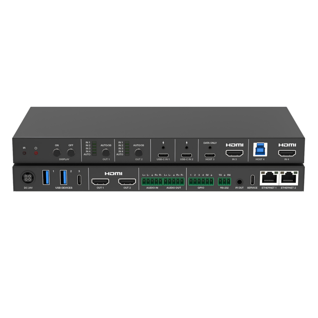 Matriz 4x2 HDMI y USB-C (A/V + USB 3.2 + Ethernet Gigabit + Carga 100W)